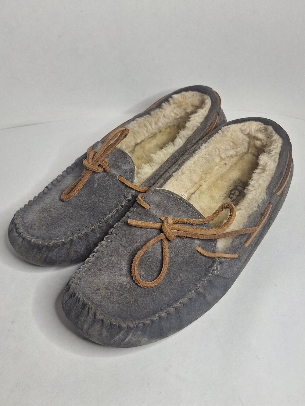 UGG Dakota Pewter Grey Suede Wool Moccasin Slippers Womens 7 Lace Up